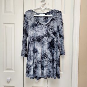 [M] Cielo Tie-Dye Style Mini Dress Tunic Gray Black White Longsleeve S-M